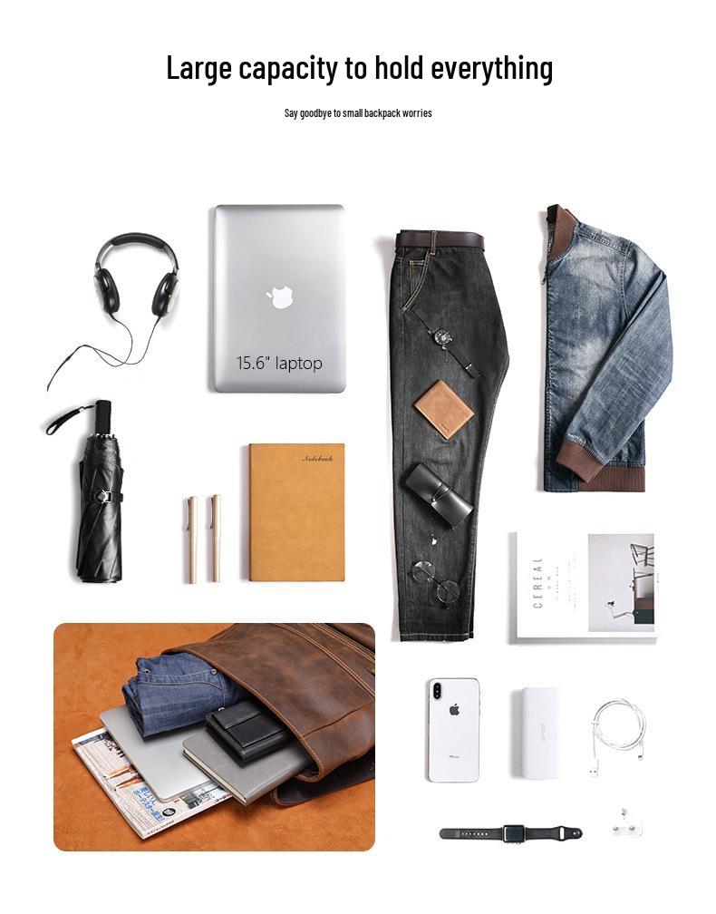 Men's Wear-Resistant Crazy Horse Leather Backpack for Travel and Hiking