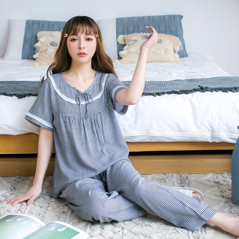 

Женский клетчатый хлопковый пижамный комплект Soys, с коротким рукавом и длинными брюками, свободного кроя и удобная домашняя одежда. XXXL чёрный