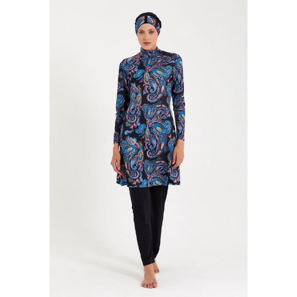 Women's Navy Blue Patterned Lycra Fully Covered Hijab Swimsuit