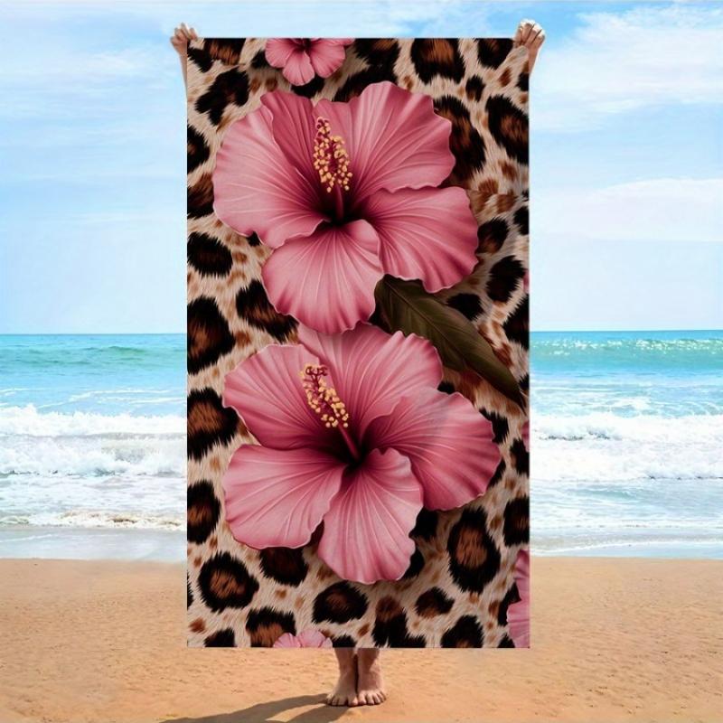 

1pc Tropical Hibiscus and Leopard Print Beach Towel Two Large Hibiscus on Detailed Leopard Spot Background Bath Towels Soft W30*H60(CM)