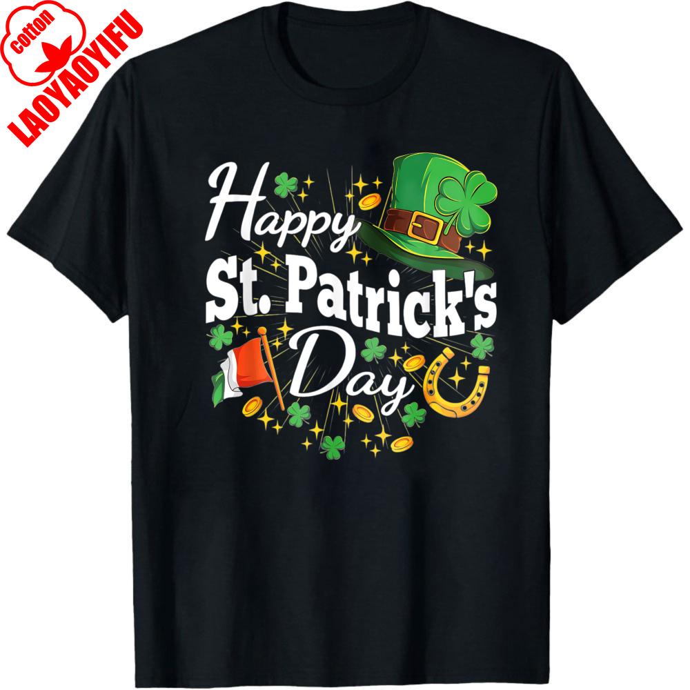 Happy St Patricks Day Irish Hat Shamrocks Horseshoe Flag Party Gift for Him Cotton Short Sleeve Crew Neck Casual Men T Shirt