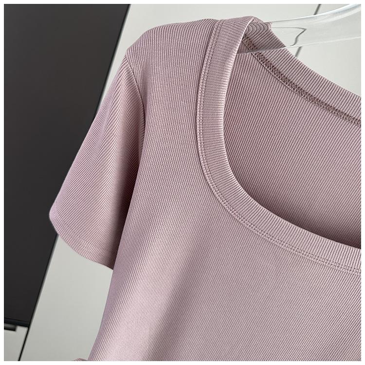 Klassisches geripptes quadratisches Hals-Kurzarm-T-Shirt Locker Schlank Sommer Basis-Oberteil Dehnbar Schlanke Basisschicht Weicher Rippstoff Gut für Innen- und Außenbekleidung Oberteil