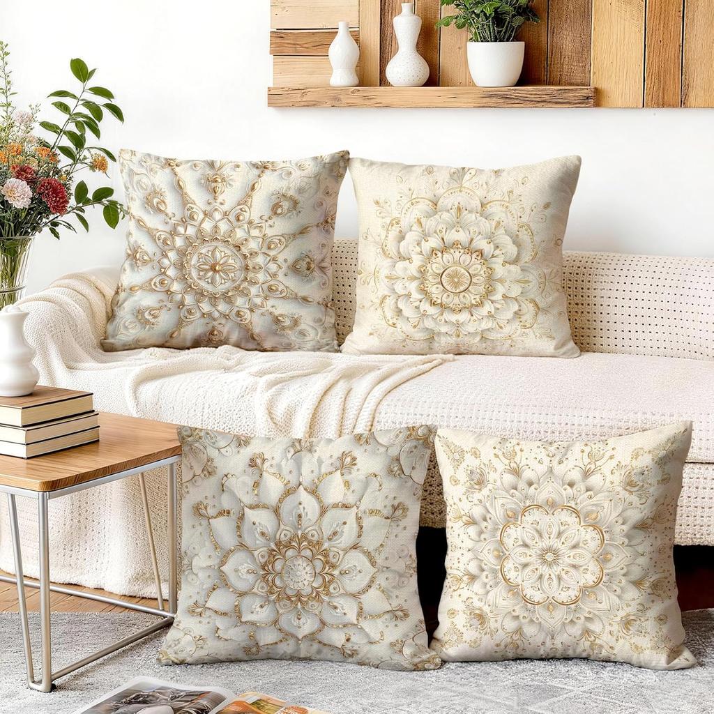 Set 4 Huse Pernă Decorativă Mandala Alb Crem Auriu Huse Elegante Luxe pentru Canapea Living Dormitor Decor Acasă