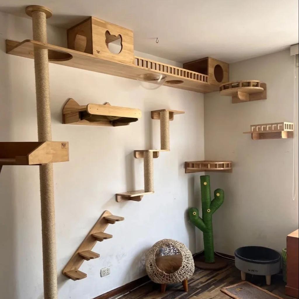 Cat Climbing Frame Wooden Cat Tree Cats Hammock Scratching Post Pedal Jumping Platform Indoor Pet Wall Furniture