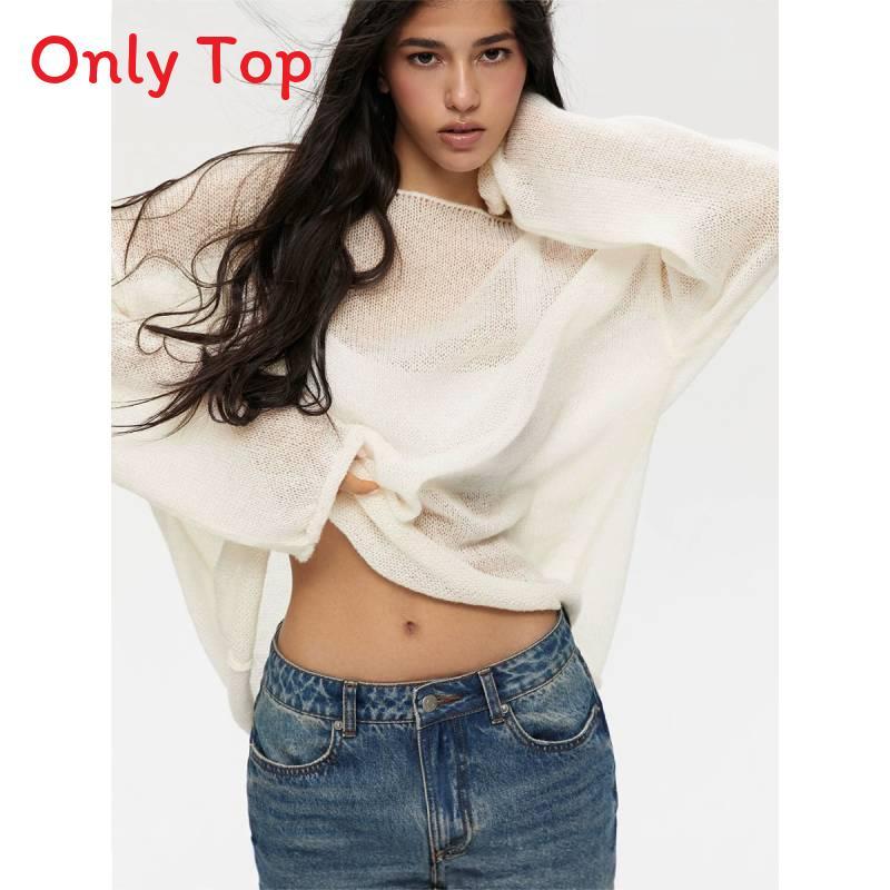 Polyester Knit Sweater With Openwork Lace Design Bell Sleeve Round Neck Summer Layering Top