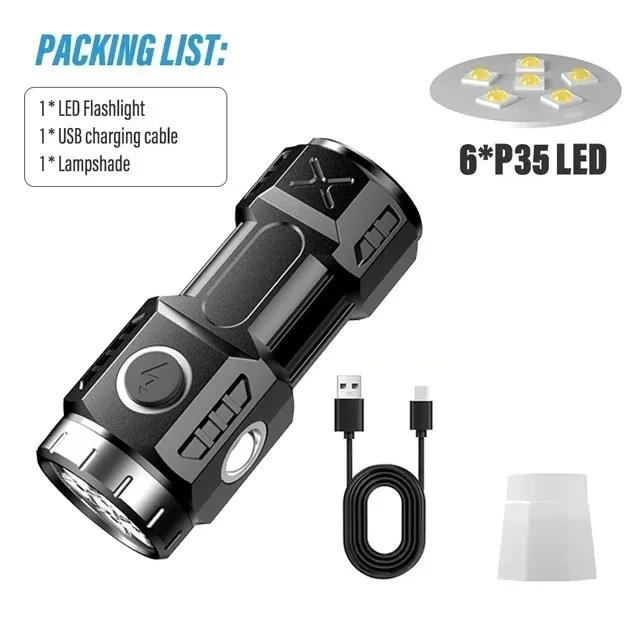 New Ultra Bright Flashlight 6*P35 LED Mini Outdoor Powerful Torch USB Rechargeable Waterproof Light With Magnet Emergency Lamp