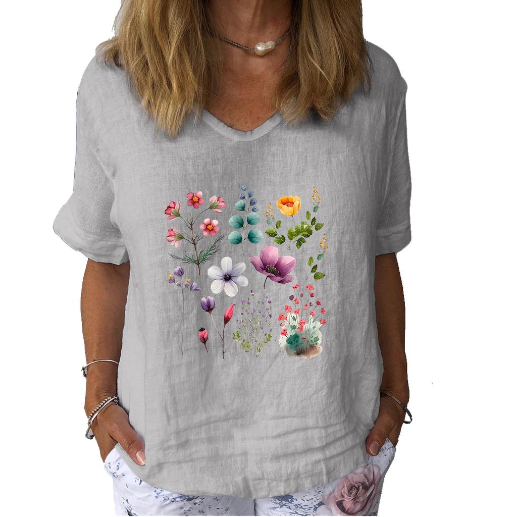 Women Fashion Linen Blouse Summer Casual Short Sleeve T-shirt Ladies Floral Print Pullover Loose Top