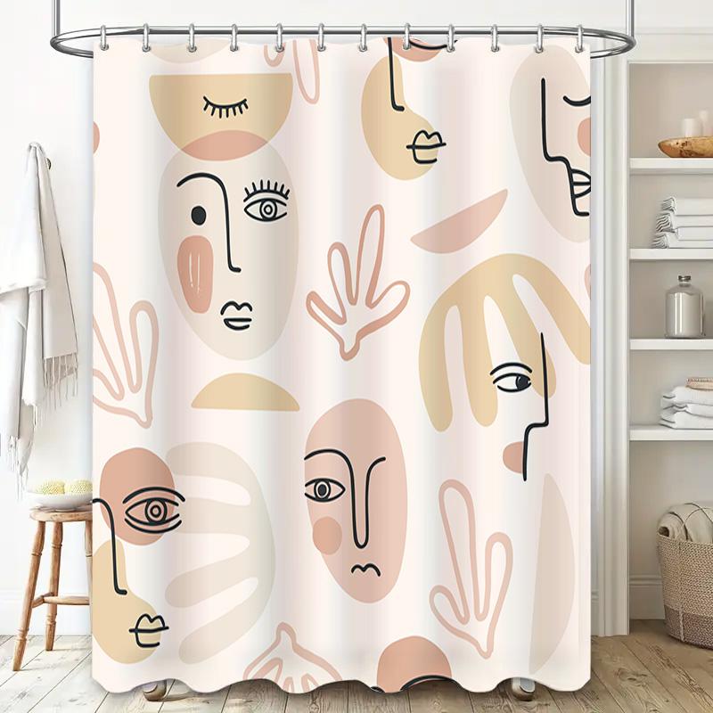Contemporary Print Shower Curtain Set for Bathroom Decor Simple Modern Design with Face Shapes in Pink Beige Colors (180x274cm)