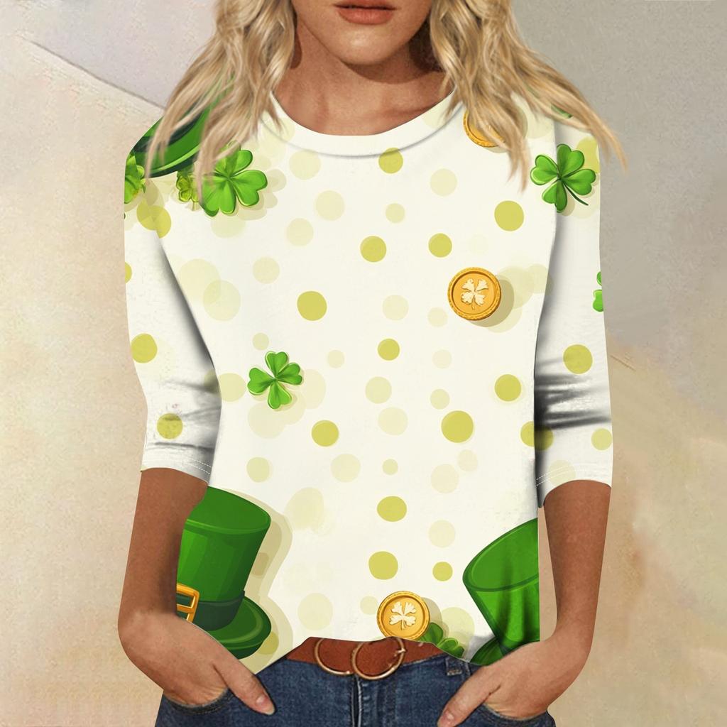 3/4 Sleeve Top Women's T-shirt Casual St. Patrick's Day Printed Top T-shirt Crew-neck Jumper