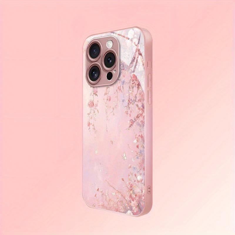 Olejomalba Růžové Květiny Metalická Barva Tvrzené Sklo Pouzdro na Telefon Pro iPhone 11 12 13 14 15 16 17 Pro Max Plus 16E 17Air Kryt
