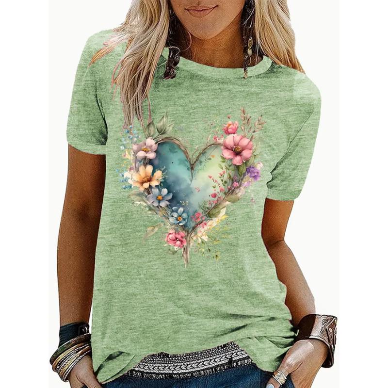 Women's Summer Short Sleeve T-Shirt - Watercolor Heart Print (Flowers & Vines), Soft & Comfortable, 5 Colors for Casual Outings,