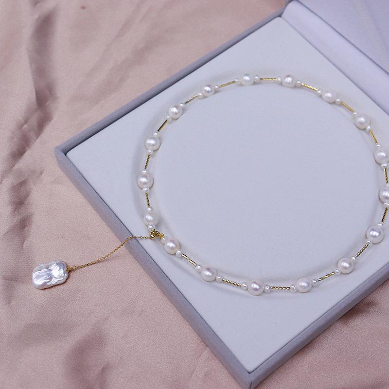 Versatile French Retro Elegant Natural Freshwater Pearl Necklace for Women with Mixed Size Pearls 8-9mm