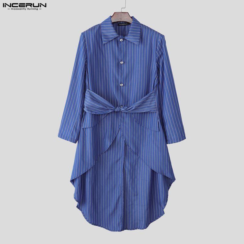 INCERUN Men Lapel Neck Long Sleeve Striped Irregular Splits Casual Long Shirts Tops