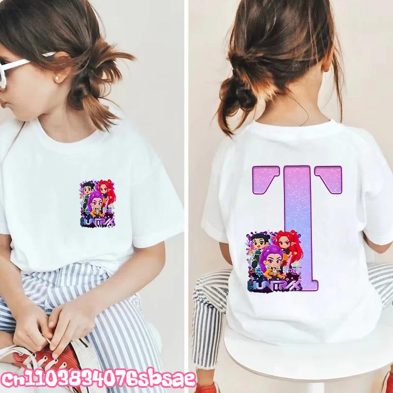 Hot Fashion Girls Boys T-shirts A-Z 26 Letter Kpop Demon Hunter HuntrX Graphic Kids Tops Short Sleeve Tees Shirts Child Clothing