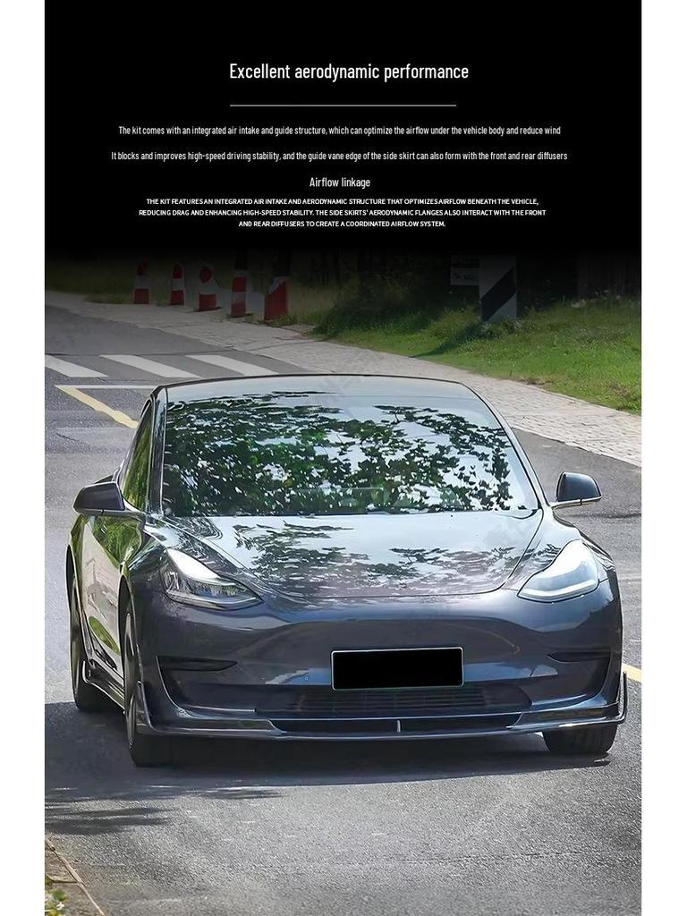Tesla Model 3 V Style Carbon Fiber Front Lip & Side Skirts Kit