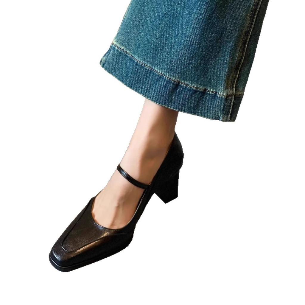 French Square Head Mary Jane Shoes Women's Spring and Summer 2025 Retro High Heels with Leather Light Mouth Thick Heel Single Shoes