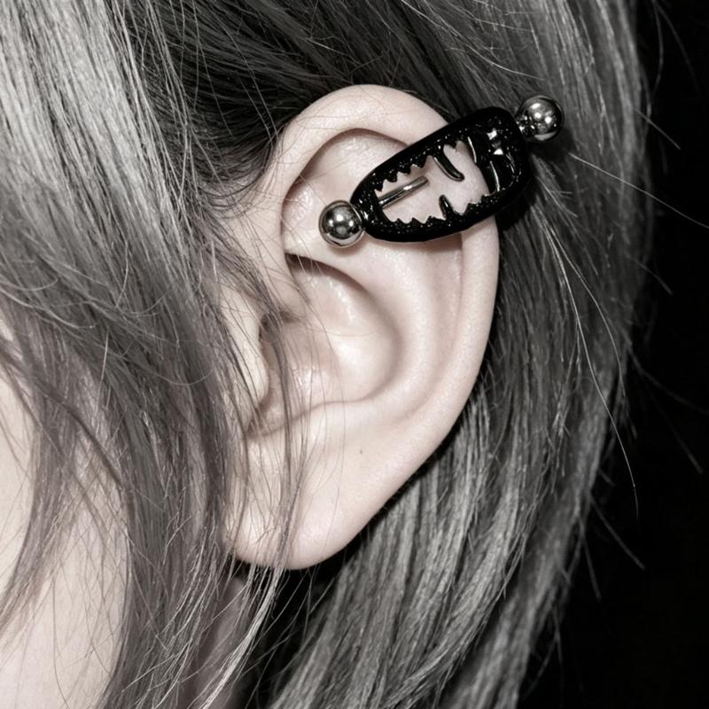Openwork Fangs Ear-Piercing Jewelry with a Visible Straight Barbell and Ball Ends for Stacked Cartilage Styling Looks