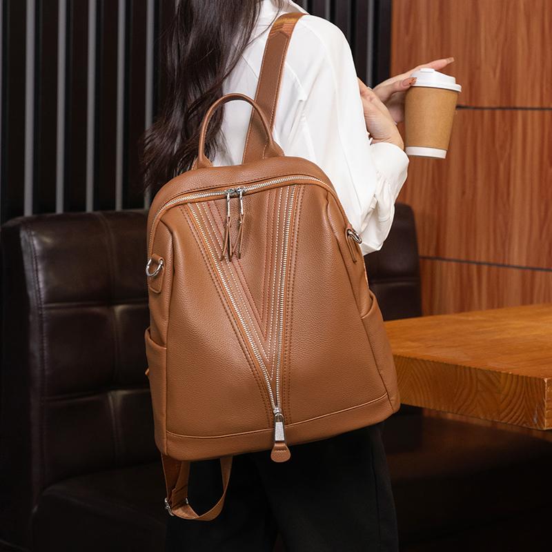 Soft Leather Backpack Women's Commuter Backpack Large Capacity Student Schoolbag