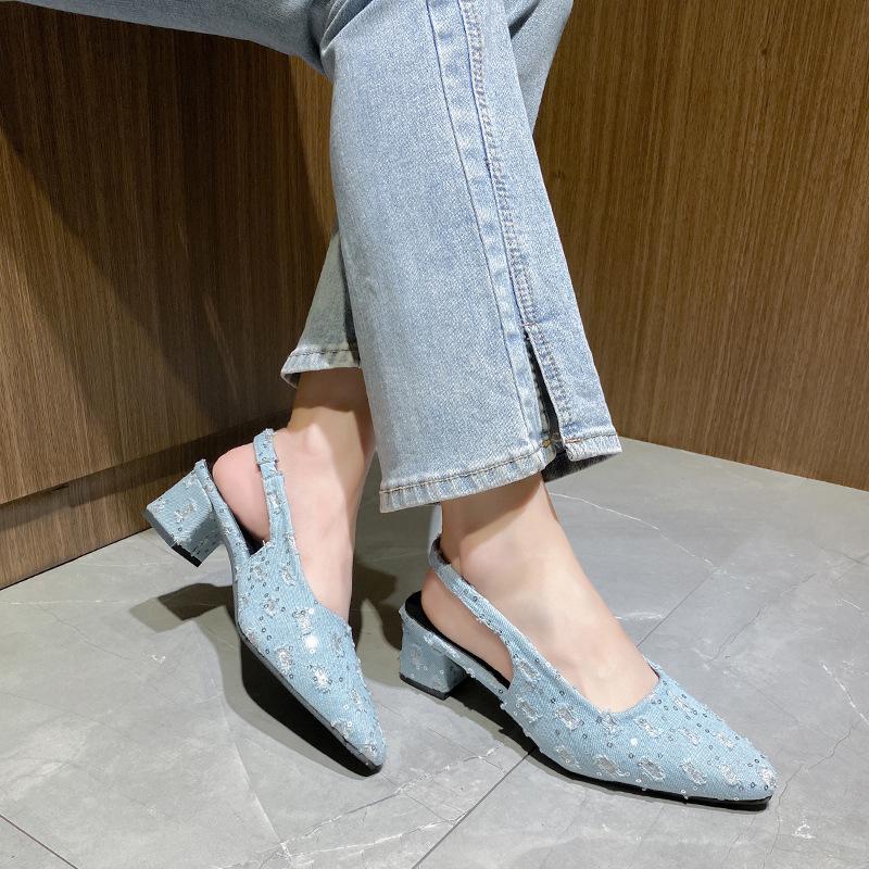 2025 Spring and Autumn New Niche Design Denim Back Empty High Heels Pointed Head Shallow Mouth Single Shoes Thin Heel Bag Head