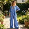 Women Cotton Linen 2 Piece Sets Asymmetrical Hem 3/4 Sleeve Crewneck Top And Wide Leg Pants Matching Lounge Outfits