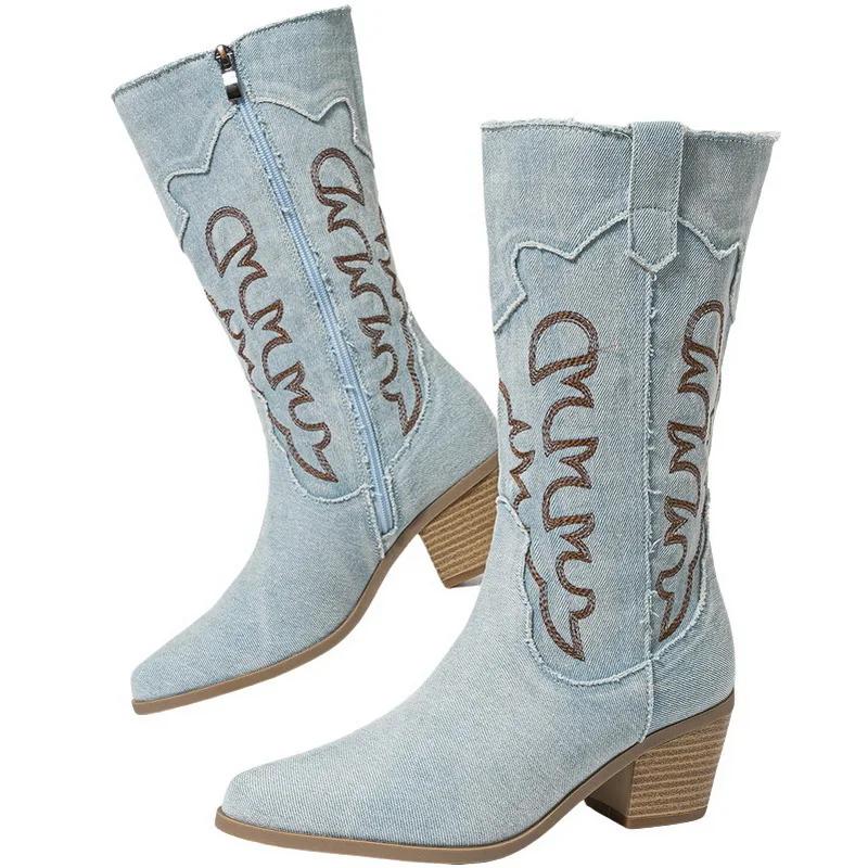 Women Embroidered Denim Western Boots Height Increasing Square Heel Mid-calf Boots for Office Nightclub Evening Party Banquet