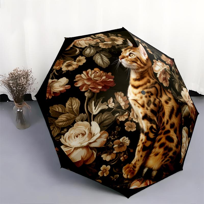 Cats and Flowers pattern, automatic folding umbrella, portable and foldable design, 8 ribs, a Christmas or birthday gift.