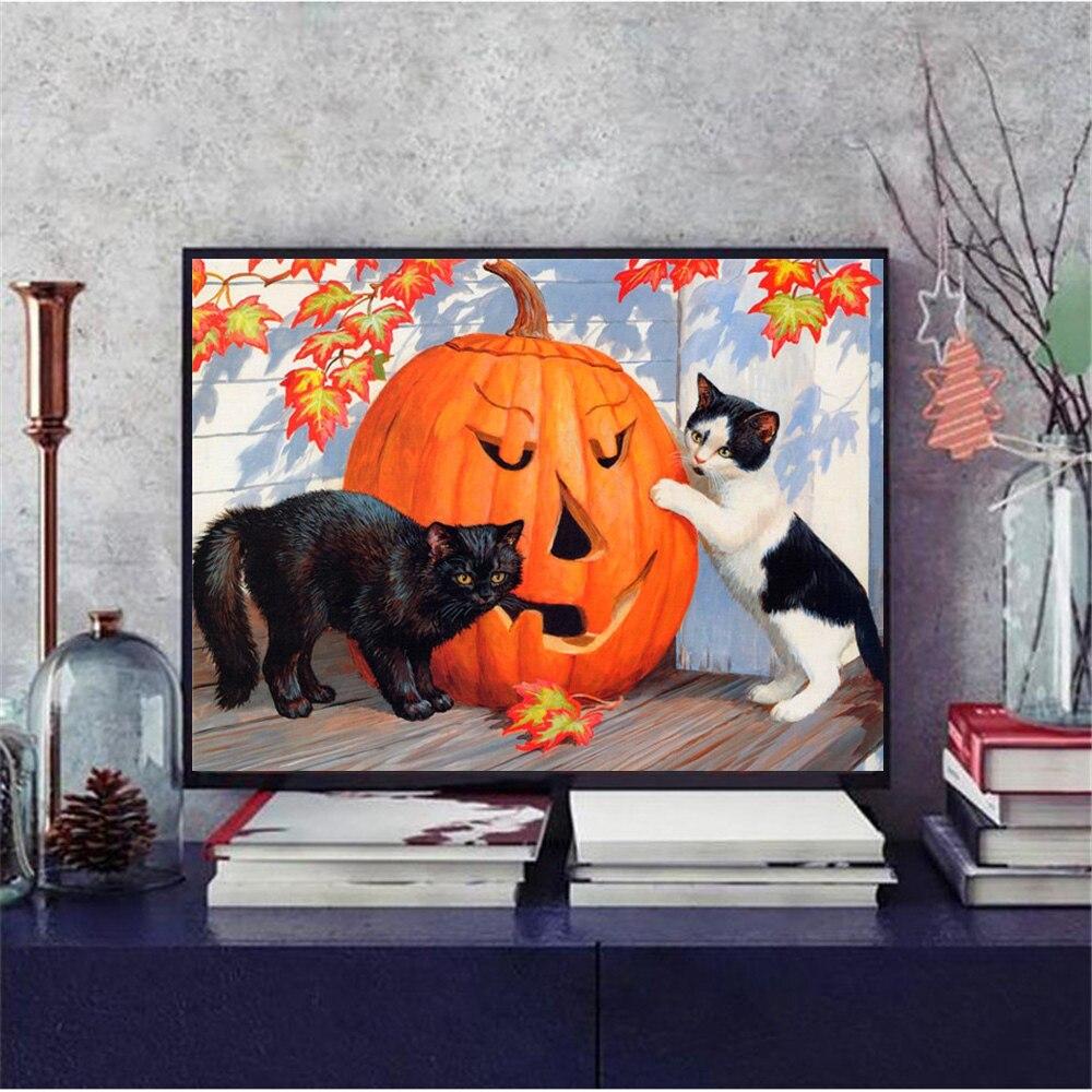 5D-Diamantgemälde zum Selbermachen, Katze, komplett, quadratisch, Bastelset, Diamant-Stickerei, Cartoon-Mosaik, Kürbis, Halloween-Dekoration