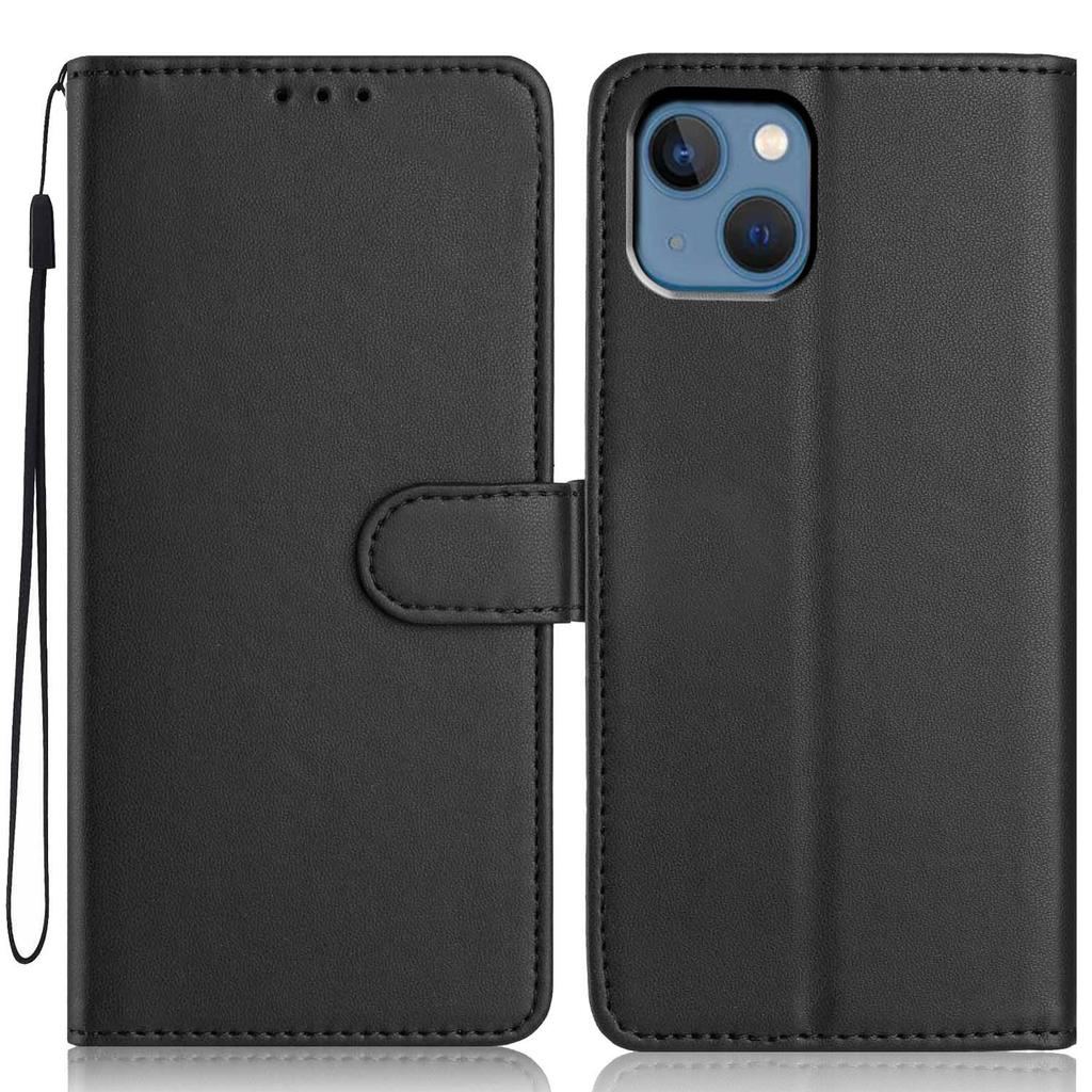 For iPhone 14/13 Wallet Case with Strap/Multiple Card Slots Solid Color Leather Stand Phone Cover