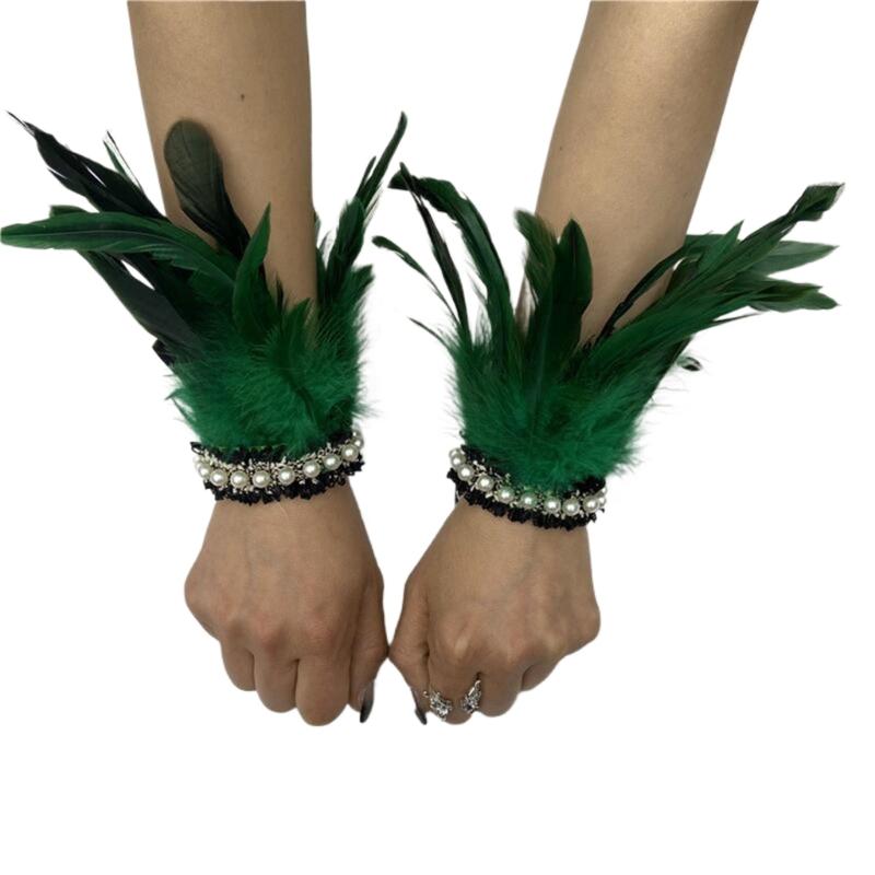 

Красочные нарукавники из настоящих перьев для Хэллоуина, косплея, вечерней вечеринки для дам, браслет для фотосессии, регулируемый размер 1 зелёный