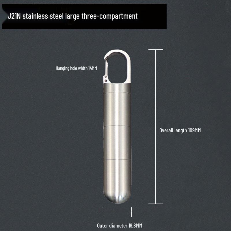 Stainless Steel Waterproof Pill Bottle Keychain - Portable Multi-Compartment EDC Storage.