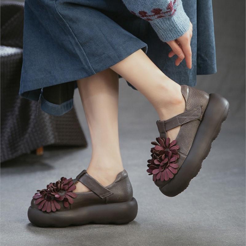 Johnature Ethnic Style Flower Thick Soled Sandals Genuine Leather Versatile Women's Platform Shoes