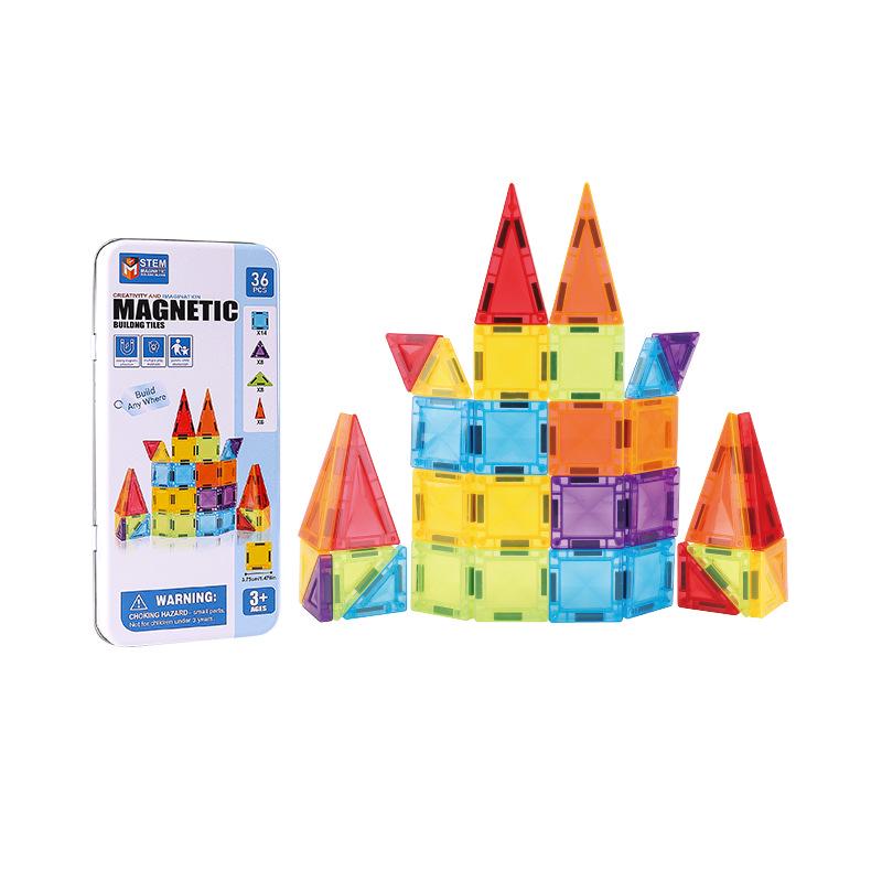 Portable Children's Magnetic Tile Puzzle Toy – Stained Glass Magnetic Building Set in Iron Box