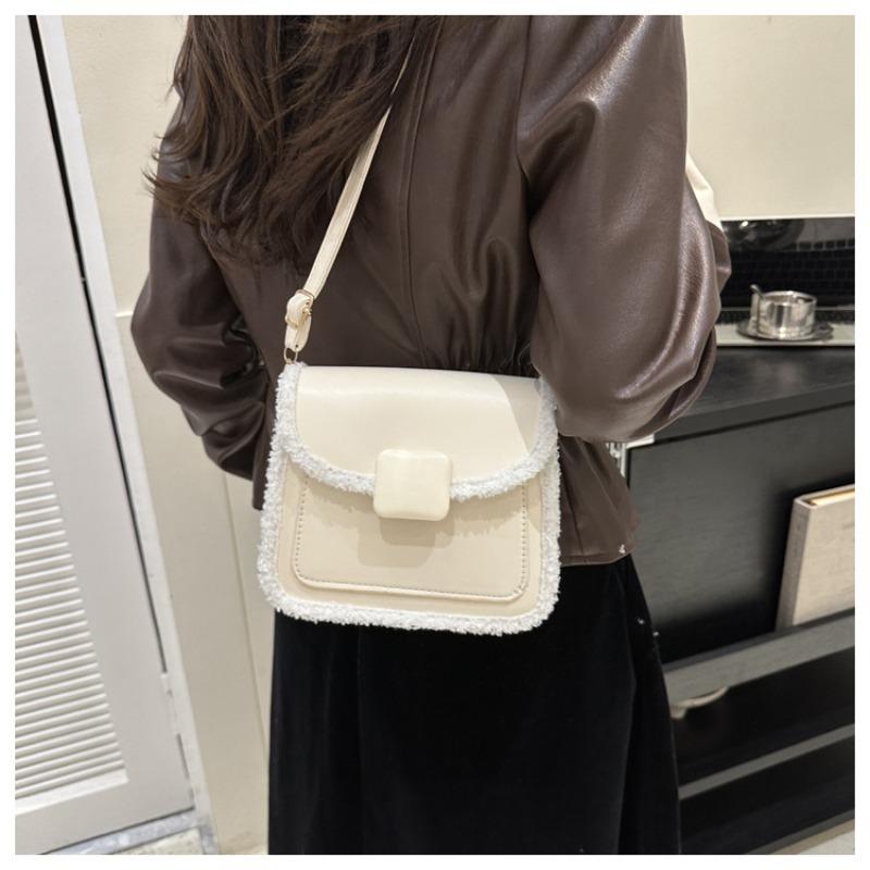 Bag Women's Autumn and Winter New Plush Splicing Messenger Bag Simple Commuting Temperament Versatile Shoulder Small Square Bag