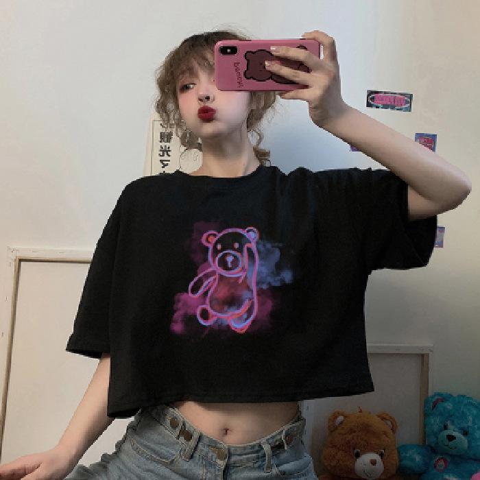 Summer Korean Version of the New Loose Short Fun Bear Print Playful Navel Short-sleeved T-shirt Top Women Ins
