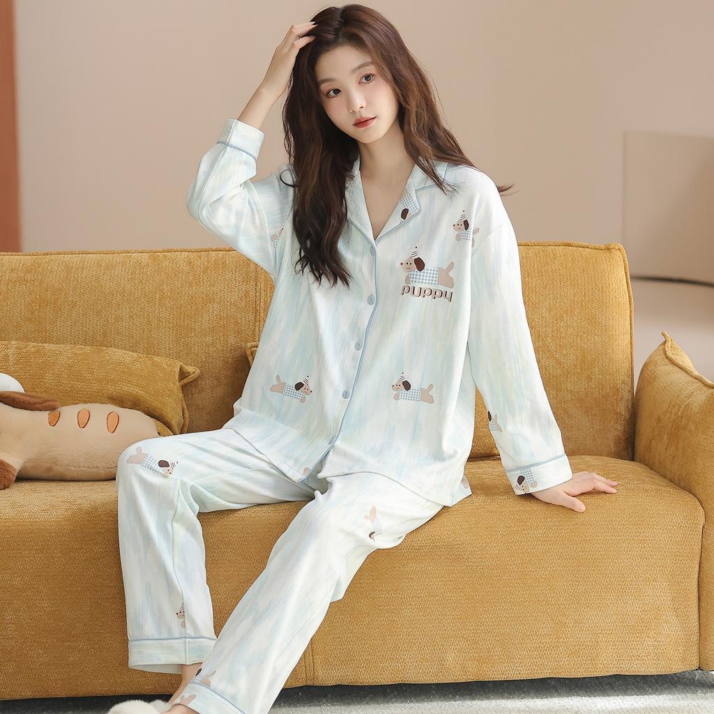 Pajamas Women's Pure Cotton Spring and Autumn 1011 New Women's Long-sleeved Pants Loungewear Korean Cotton Suit Can Be Worn Outside
