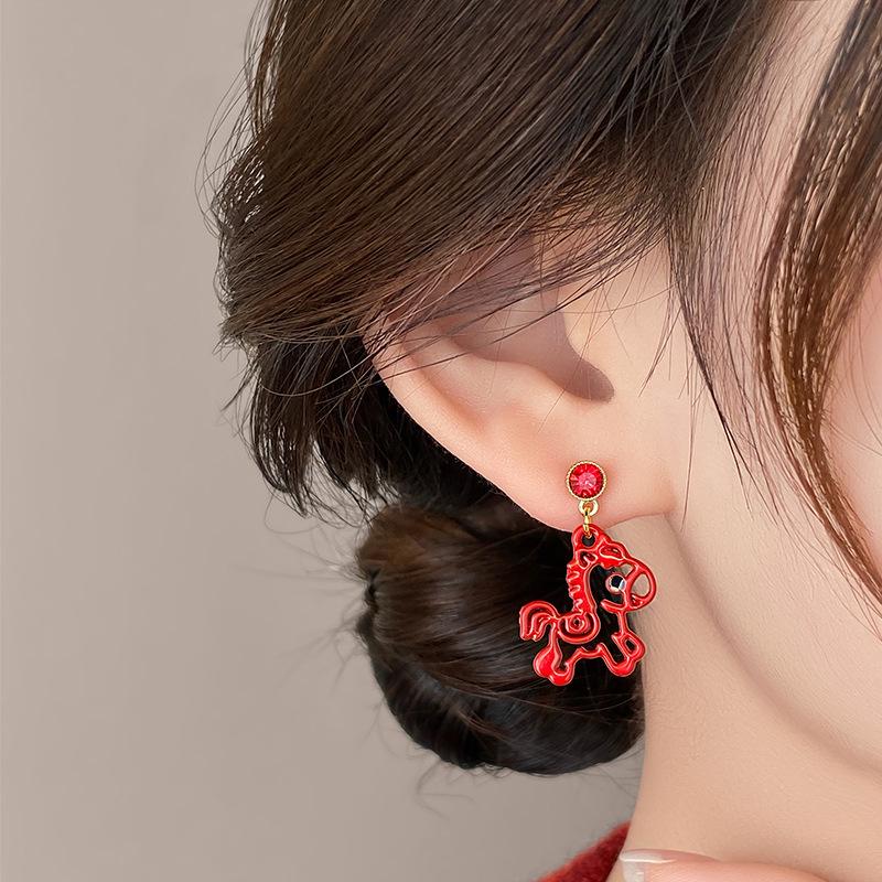 Chinese Zodiac Red Horse Stud Earrings: Festive New Year Jewelry for Women
