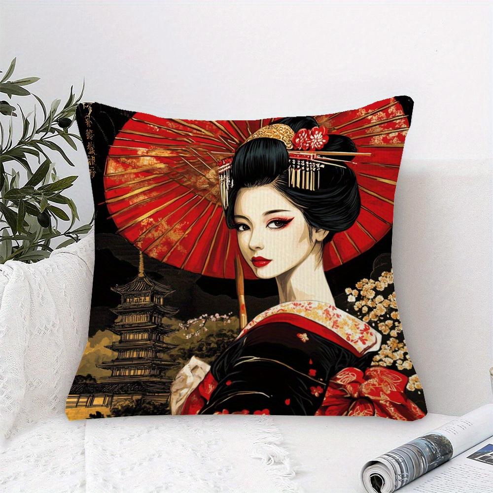 1pc Traditional Japanese Geisha Art Pillow Cover - Made of Soft And Comfortable Polyester Short Plush Fabric, Single-Sided Print, 44.96*44.96 cm, Mach
