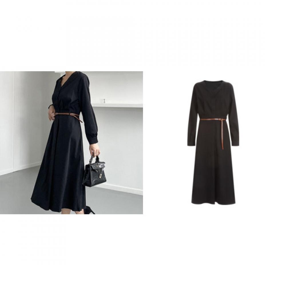 Shop Women V Neck Button Pintuck Simple Long Dress With Belt Black Cat Wdr 120