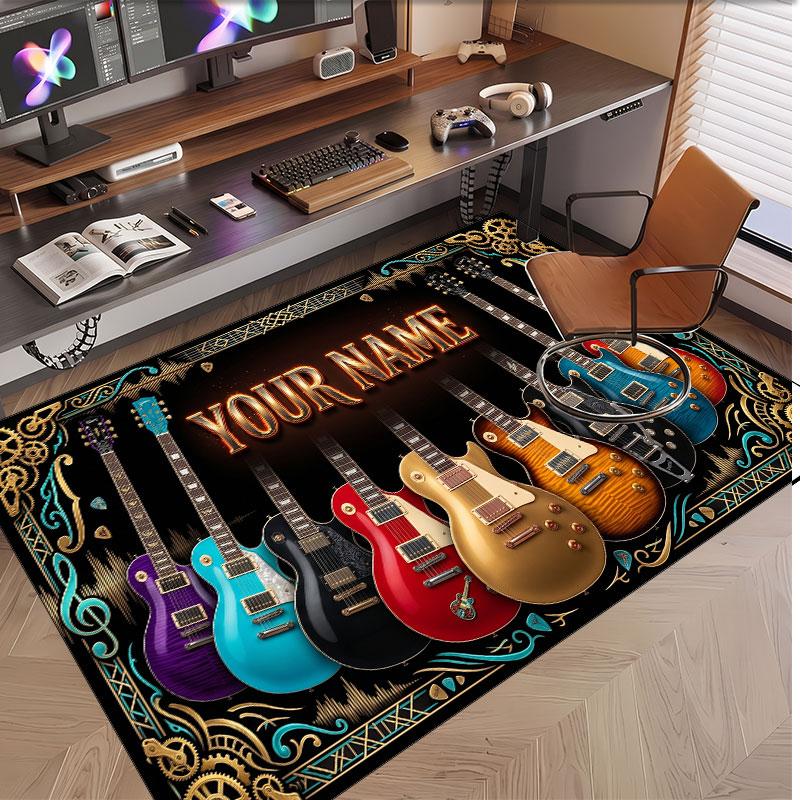 Music Guitar Theme Soft Crystal Velvet Rug Custom Name & Text Print Non Slip Floor Rug for Bedroom Living Room