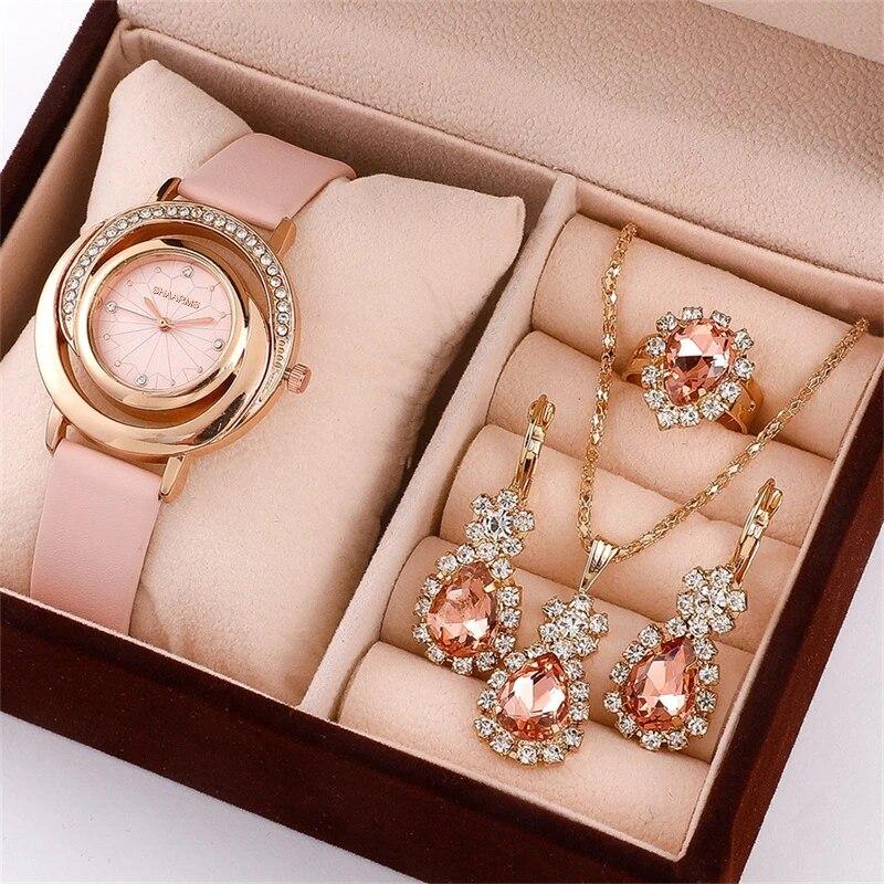 

5PCS Set Luxury Watch Women Ring Necklace Earring Rhinestone Fashion Wristwatch Casual Ladies Watches Set Clock розовый