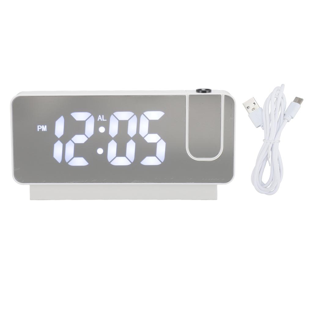 Projection Alarm Clock USB Rechargeable White Light Snooze Function Adjustable Brightness LED Mirror