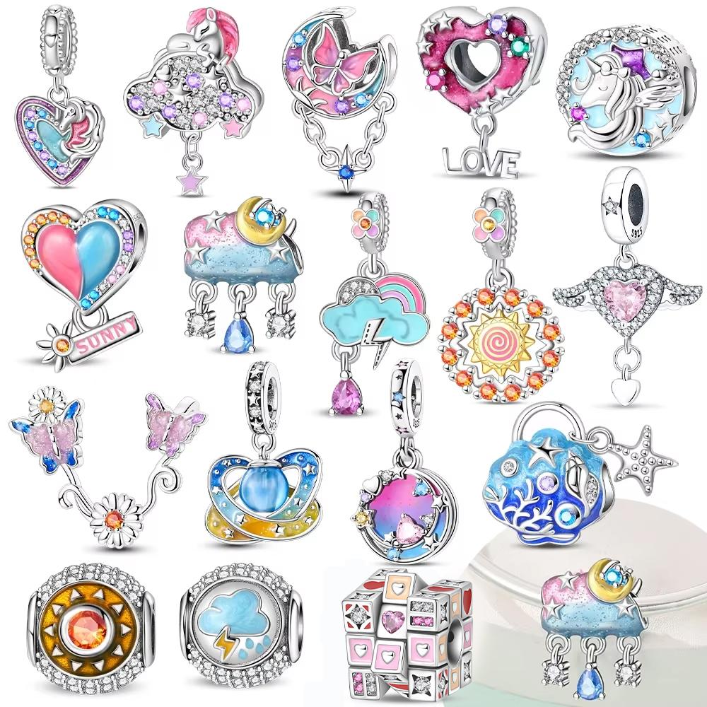 Kupfer Charm Anhänger Anhänger Authentisch Rosa Zirkon Blaue Wolke Herz Schöne Farben Anhänger Kompatibel Mit Armbändern Schmuck Damen Geschenk Herstellung Diy