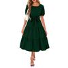 Women's Summer Solid Color Short Sleeve Round Neck Waistband Bohemian Flowy Layered Maxi Dress With Pockets