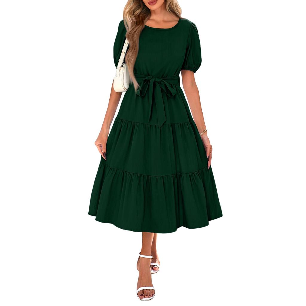 Women's Summer Solid Color Short Sleeve Round Neck Waistband Bohemian Flowy Layered Maxi Dress With Pockets
