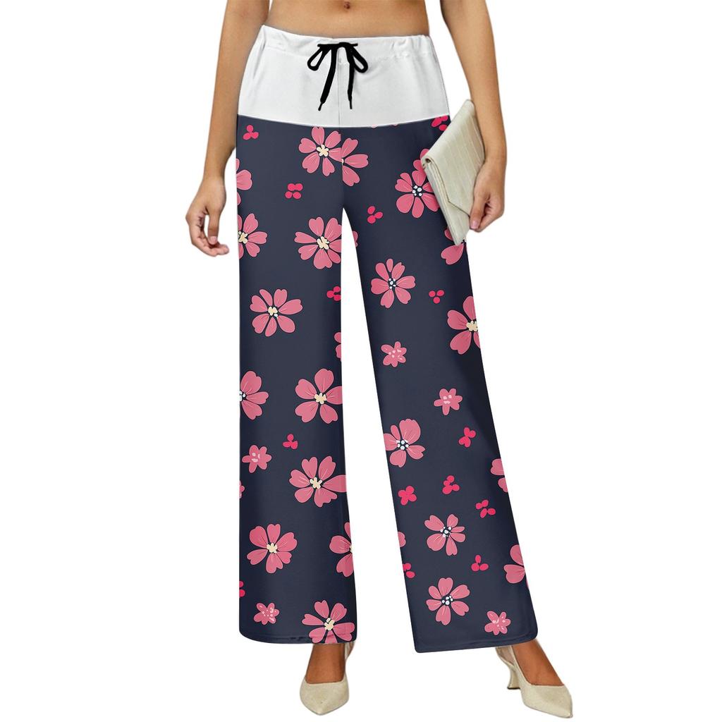 Women's Drawstring Elastic Waistband Wide Leg Color Matching Floral Printed Casual Pants