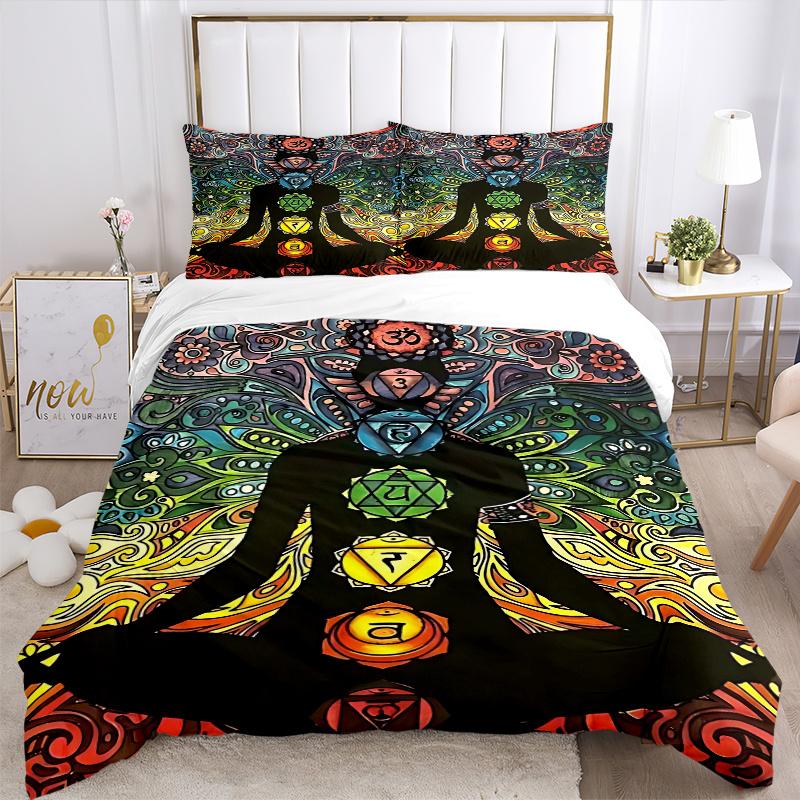 3pcs Chakra Meditation Silhouette Comforter Set with One Quilt Cover and Two Pillowcases (No Core), Perfect for Bedroom or Guest Room Decoration, Feat