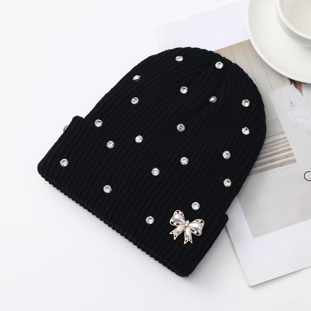 Solid Color Crystal Pearl Bow Beanie Warm Pullover Hat Fashion Knit Hat Outdoor