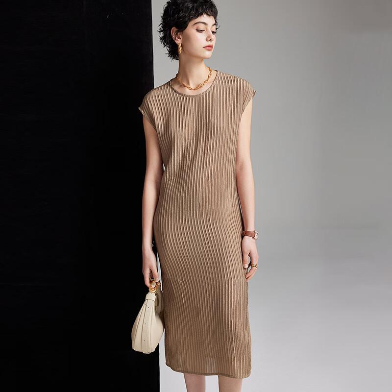 Wudao Women s Summer Mulberry Silk Loose Pleated Slit Dress L