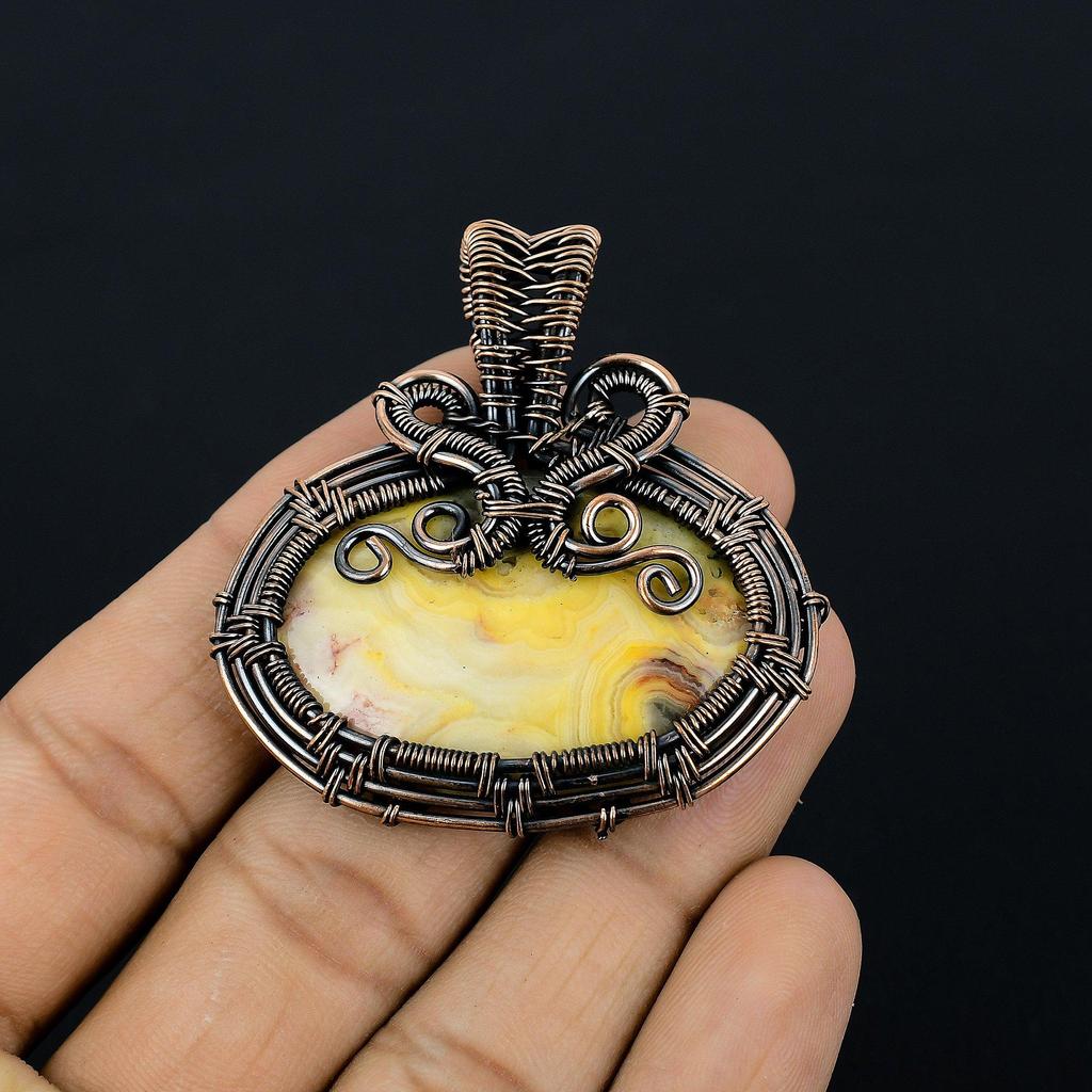 Yellow Laguna Lace Agate Pendant Gemstone Handmade Jewelry,  999 Copper Wire Wrapped Pendant, Gift For Wife Jewelry