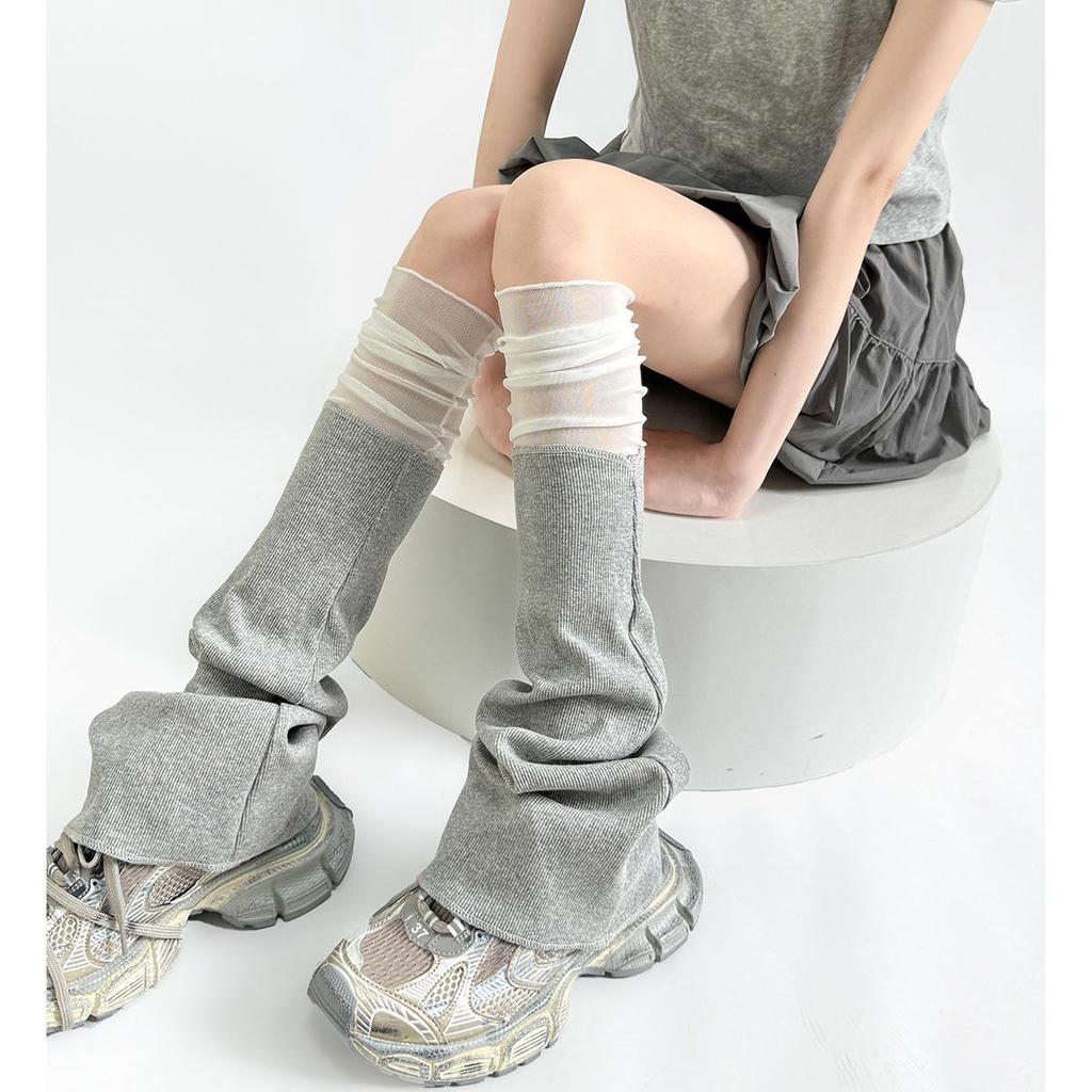 Japanese Style Mesh Patchwork Flared Leg Warmers - Light Gray Knit & White Ruched Tube Socks